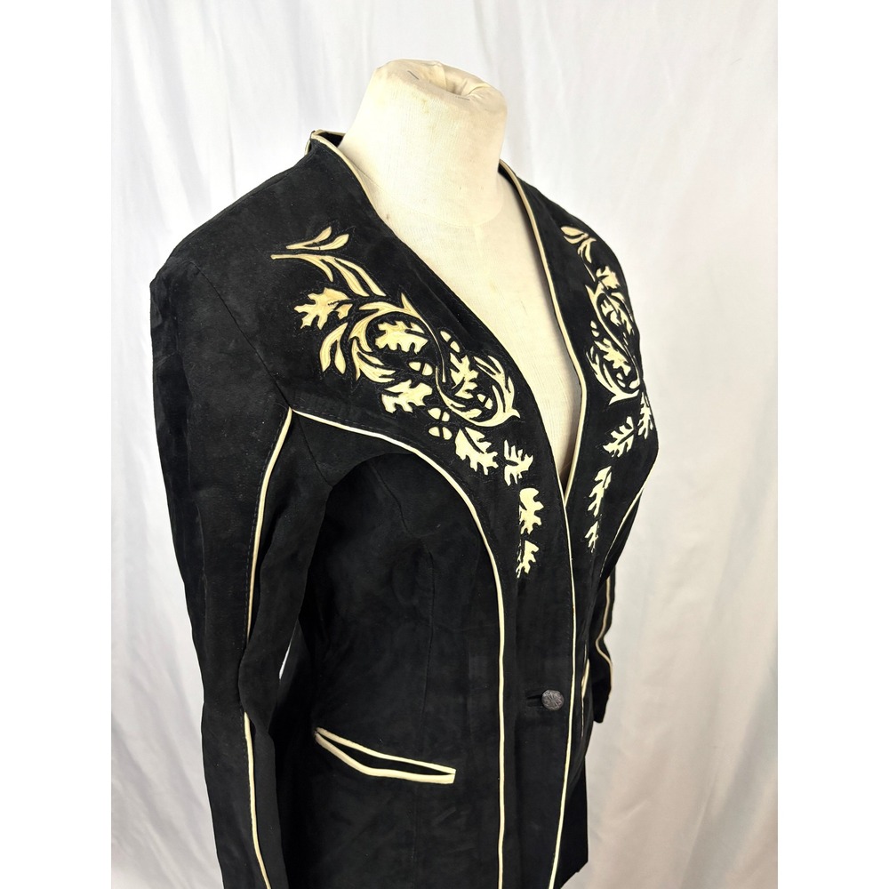 Handmade Suede Jacket Black Western Applique Tailored Vintage OOAK - Picture 2 of 16